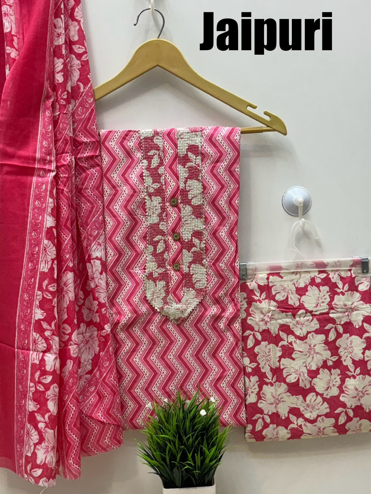 Jaipuri Pure Cotton Dress Material with Neck Work and Dupatta Set