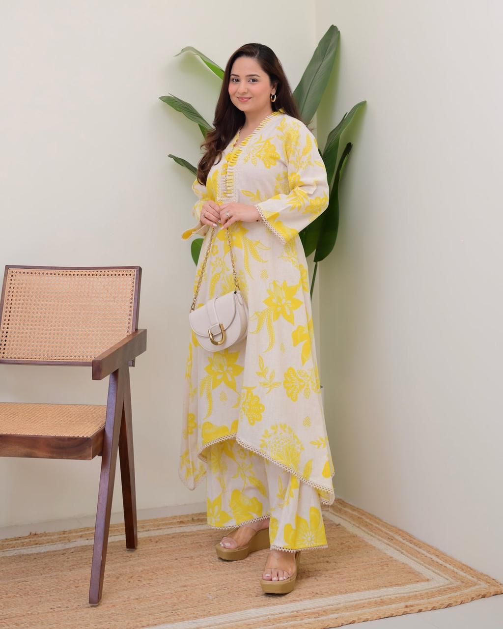 Flax Cotton Floral Print Kurta Plazo Set