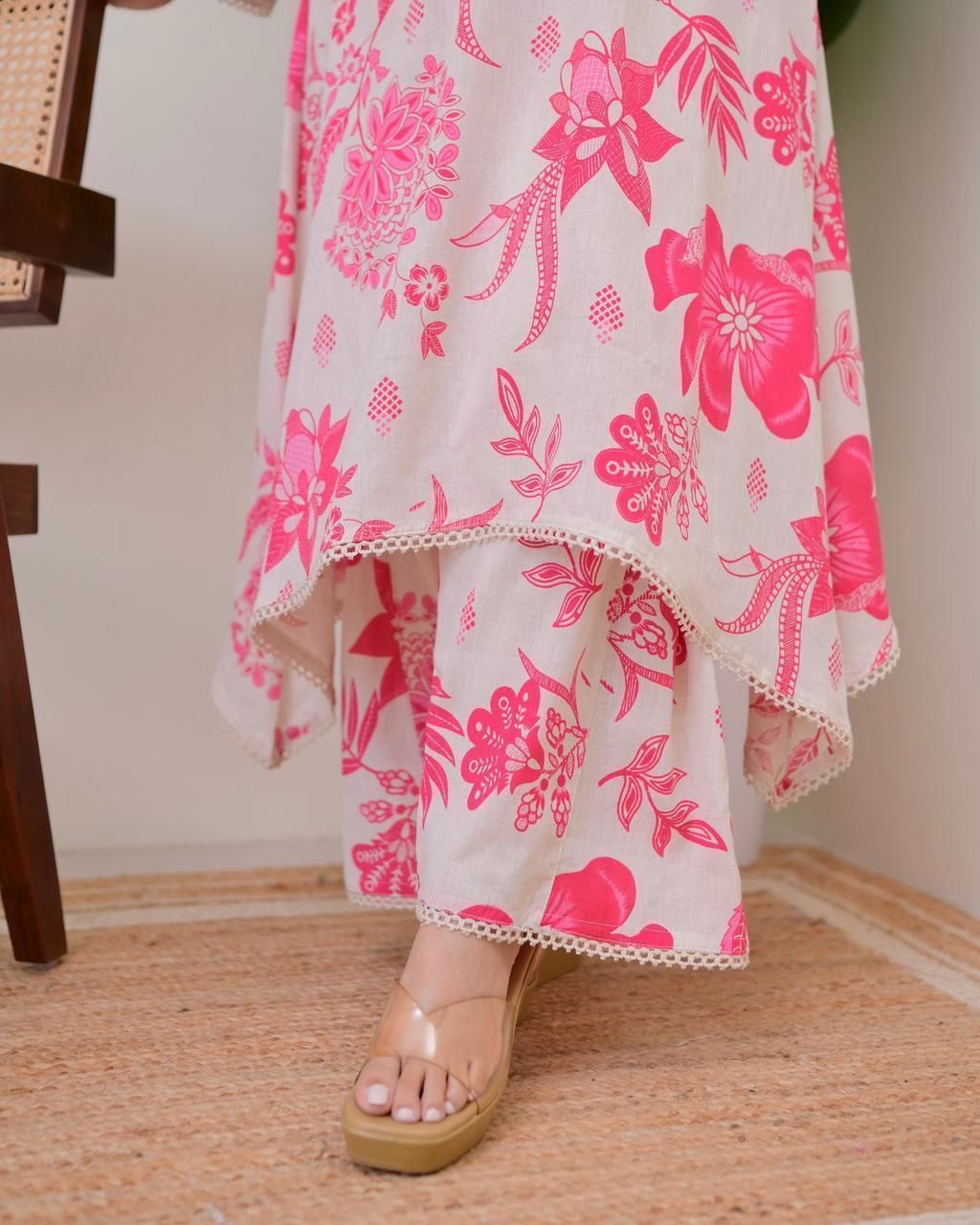 Flax Cotton Floral Print Kurta Plazo Set