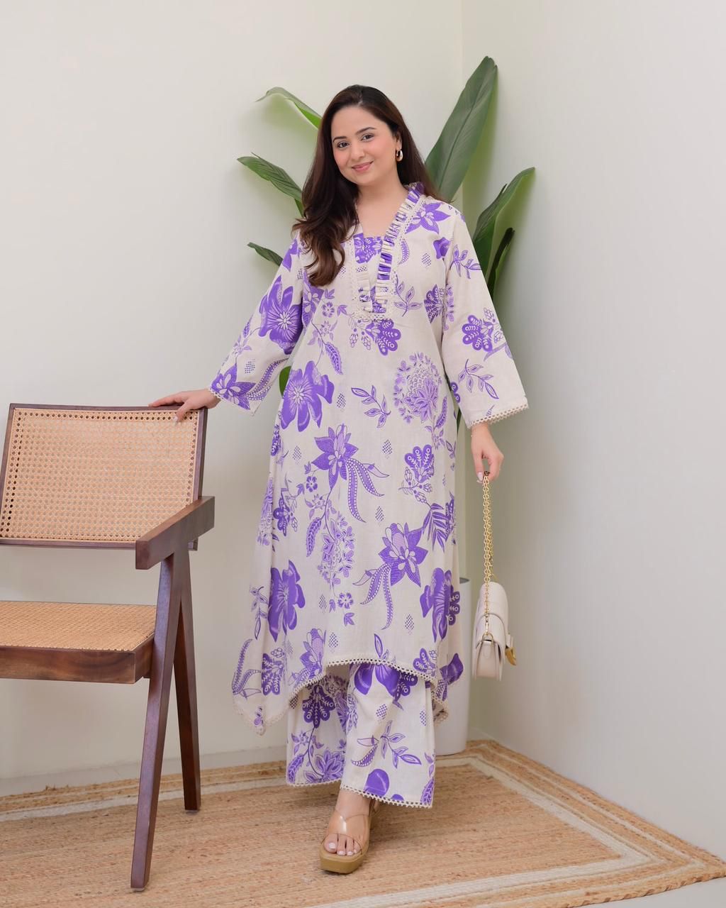 Flax Cotton Floral Print Kurta Plazo Set