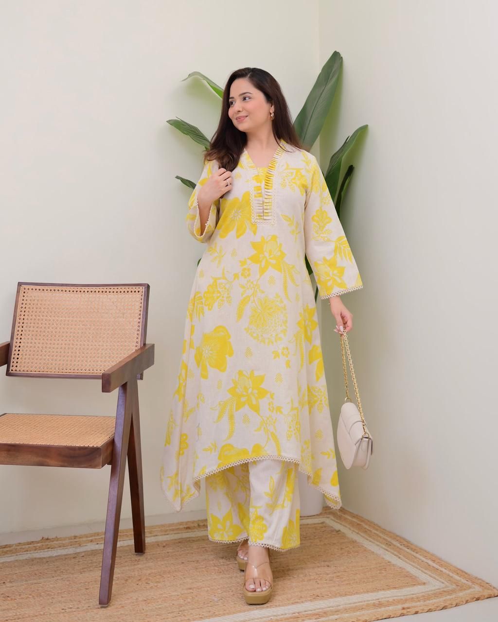 Flax Cotton Floral Print Kurta Plazo Set