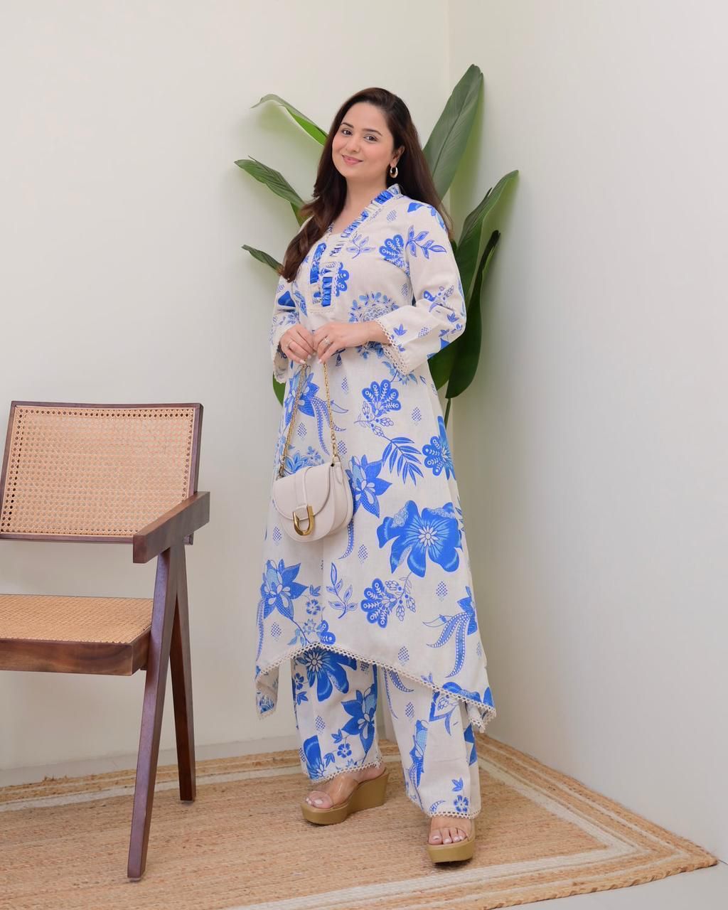 Flax Cotton Floral Print Kurta Plazo Set