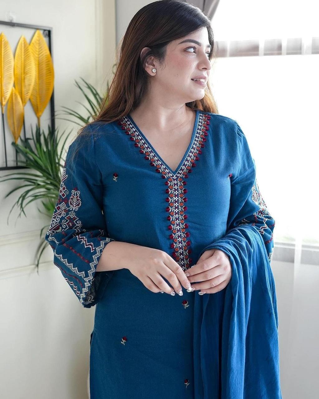 Vibrant Embroidered Cotton Kurta with Cigarette Pants and Dupatta