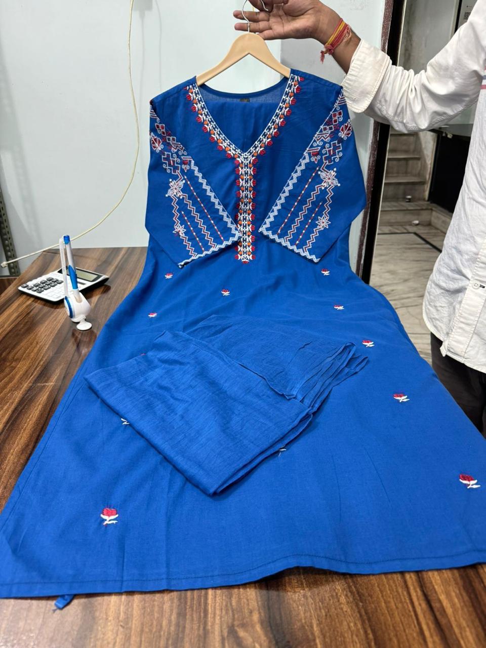 Vibrant Embroidered Cotton Kurta with Cigarette Pants and Dupatta