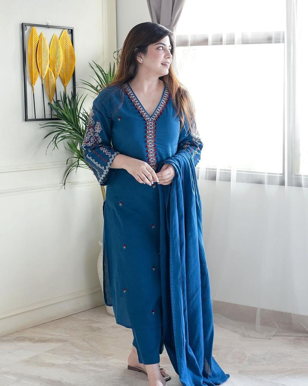 Vibrant Embroidered Cotton Kurta with Cigarette Pants and Dupatta