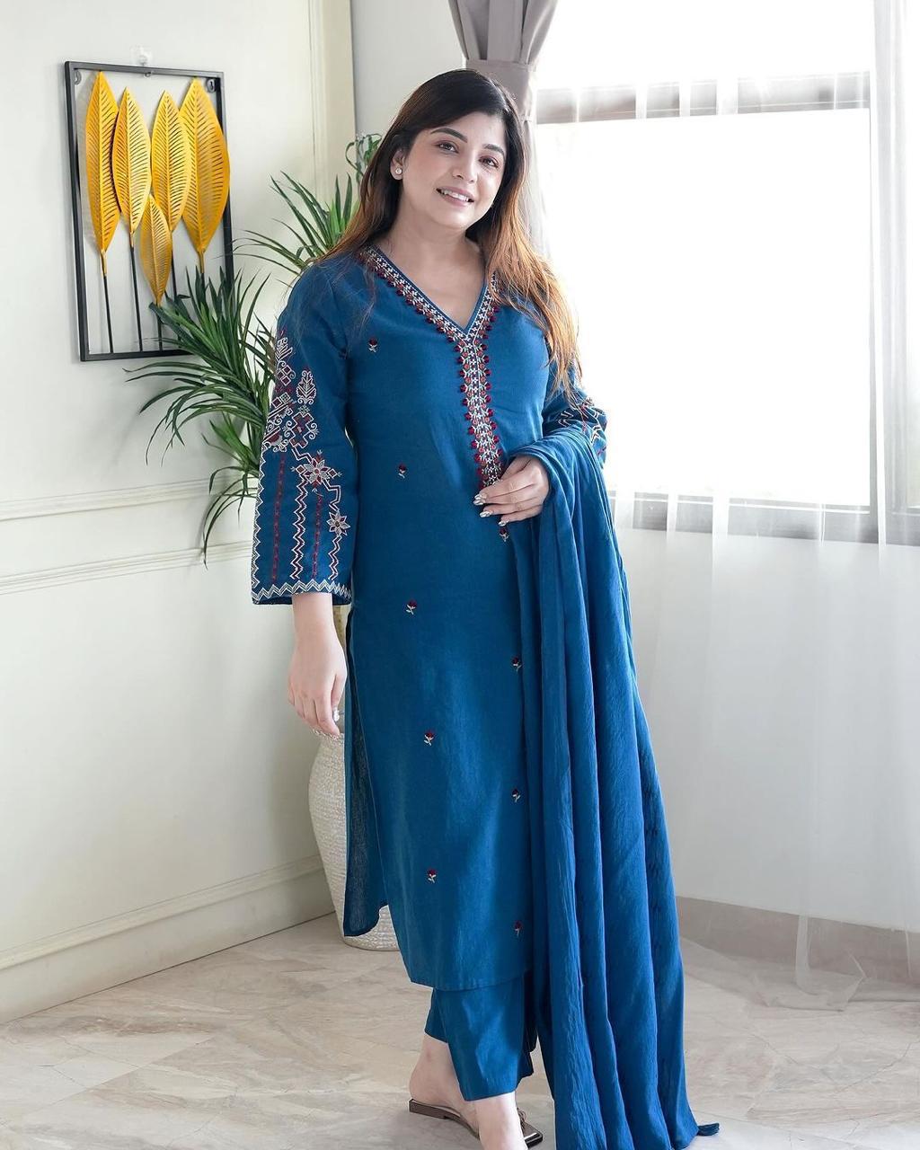 Vibrant Embroidered Cotton Kurta with Cigarette Pants and Dupatta