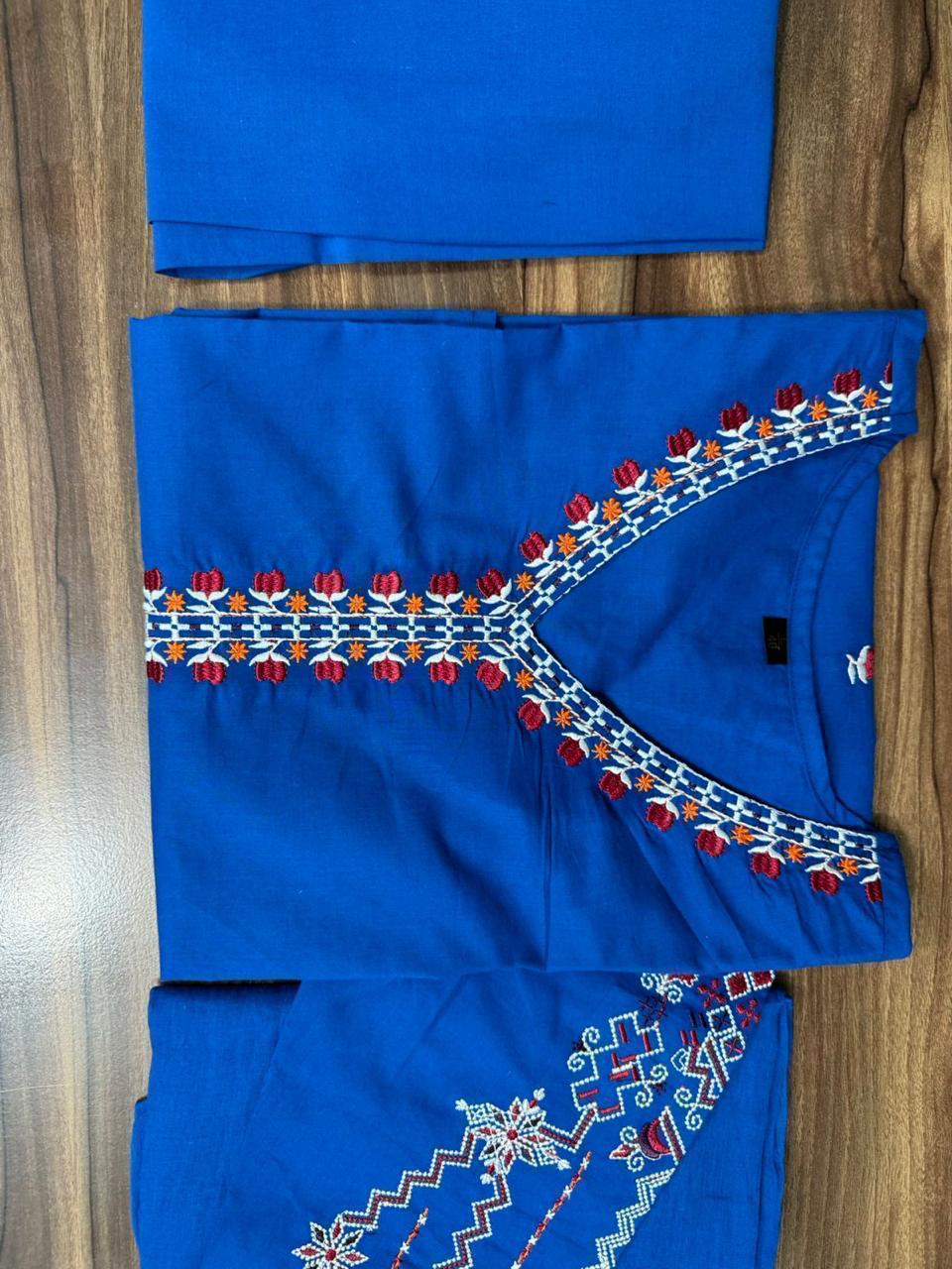Vibrant Embroidered Cotton Kurta with Cigarette Pants and Dupatta